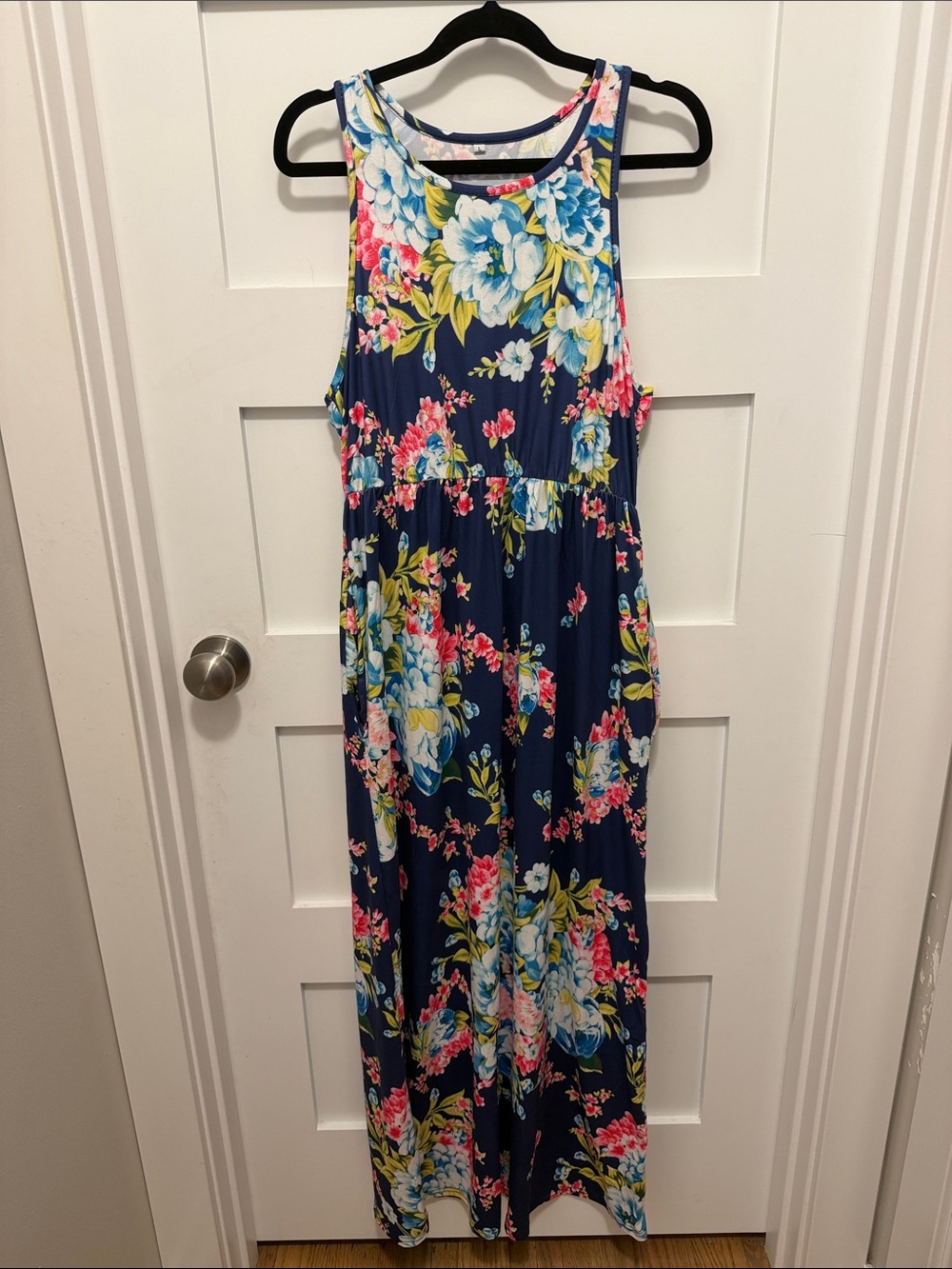 Navy Sleeveless Floral Maxi Dress with Blue & Pink Blooms